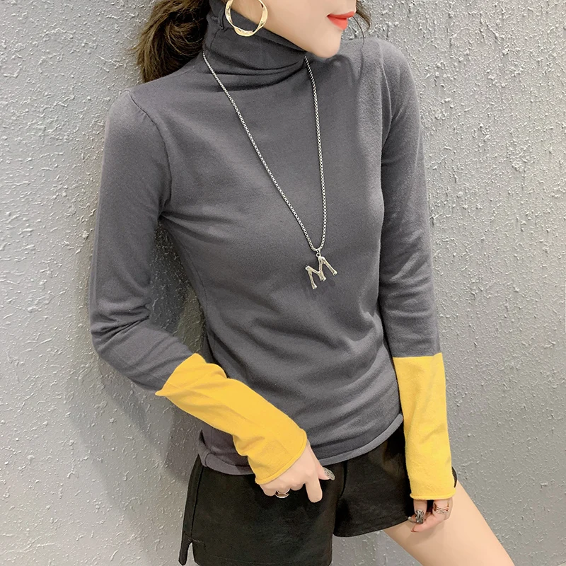 

2019 Autumn New Women Fashion Pullover Turtleneck Color Block Long Sleeve Slim Knitted Sweater High Quality Sueter Mujer