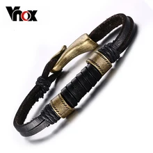 Vnox Винтаж Для мужчин браслет черный Пояса из натуральной кожи в стиле ретро сплав застежка Браслеты с подвесками
