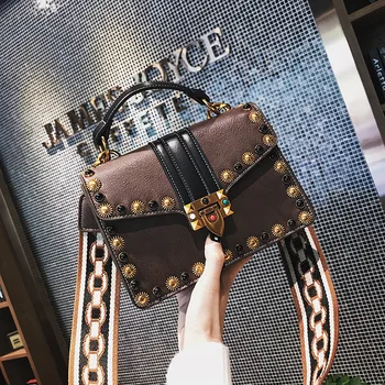

Vintage Rivets Cute Women Handbags Classic Black Leather Flap Purses Messenger Bags Girls Wide Shoulder Strap Small Square Bags