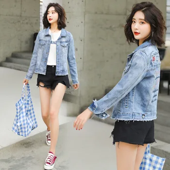 

2019 Autumn Korean Version Hole Denim Jacket Female Lapel Raw Edge Letter Embroidery Bomber Jacket Casaco Feminino Coat Female