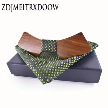 

Geometric Personality Wood Bow Ties Hanky Set for Mens Wedding Suits Business Wooden Bowtie Hadkerchief Cotton Set