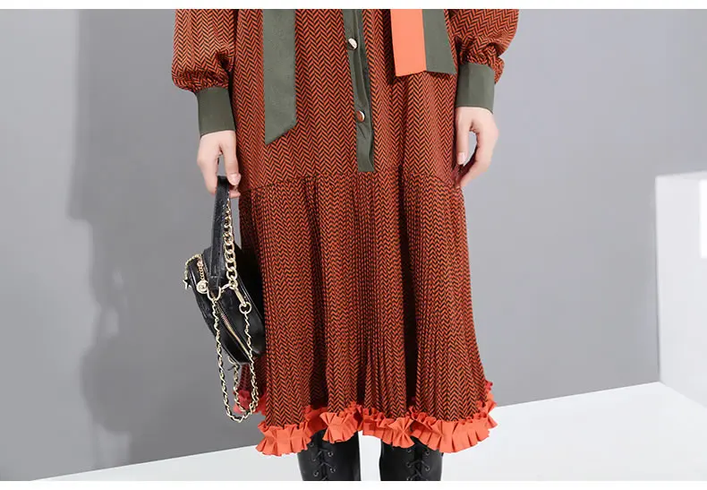 XITAO, винтажное Плиссированное Бандажное платье, модное, новинка, зимнее, с бантом, в полоску, прямое, длинный рукав, повседневное, свободное платье DMY1812