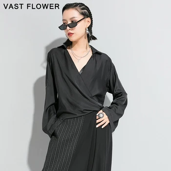 

Irregular V-neck t-shirt women fashion long sleeve loose casual elegant clothes solid color tee shirt femme tops spring 2020