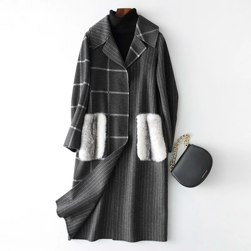 

Luxury Women Wool Coat Long Womens Plaid Coats Natural Mink Fur Pockets Winter Jackets Woolens Overcoat 38025 WYQ1777