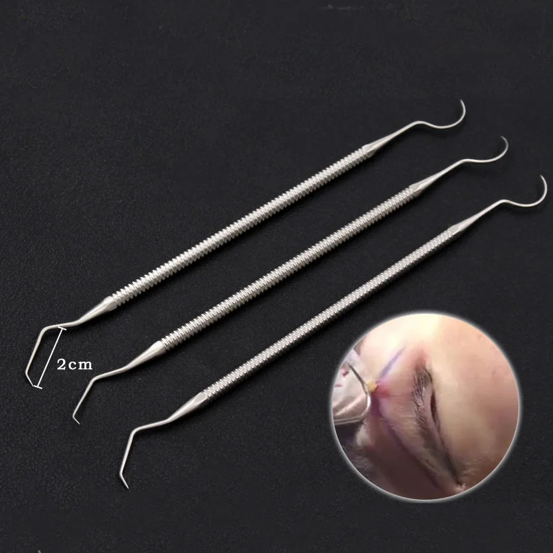 Retractor de grasa de acero curvo de 18cm, instrumento quirúrgico de doble extremo para cirugía de párpados dobles, gancho Curvo