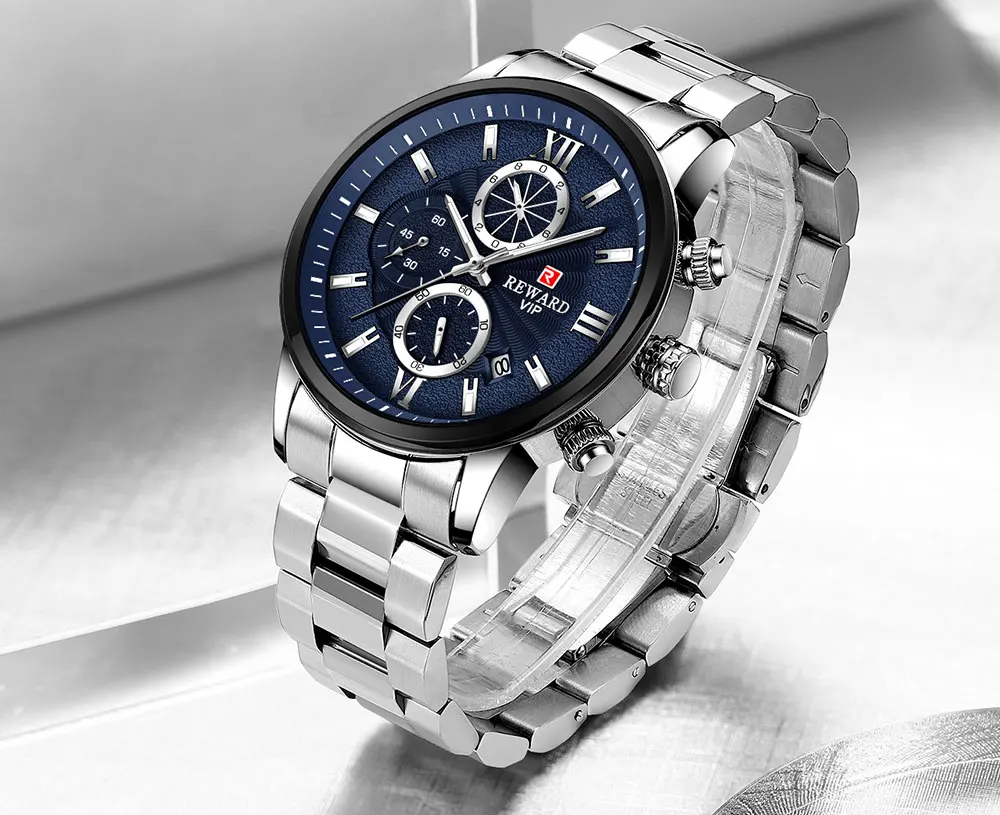 REWARD New Mens Watches Automatic Date Waterproof Clock Stainless Steel Chronograph Top Brand Men Sport Quartz Wrist Watch