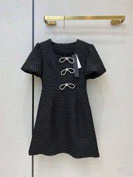 

Luxury Brand Beading Bow Sweet Mini Dress Women 2020 Summer High-end Design Rhinestone Patchwork Puff Sleeve A-lineshort Dresses