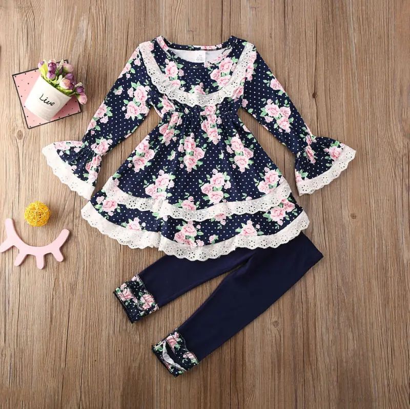 

CANIS Spring Autumn Floral Kids Baby Girl Outfits Clothes Lace Patchwork Floral Printed T-shirt Tops Dress+Pants Leggings Set