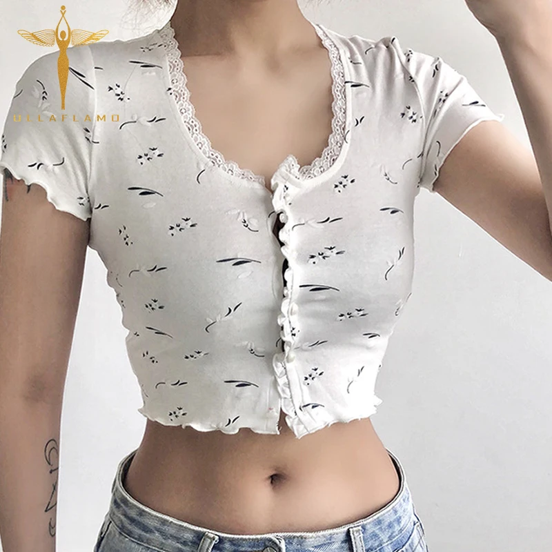 

Print Short T Shirt Women Round Neck Short Sleeve Crop Tops Cardigan T Shirt Tops High Waist Elasticity Bodycon Female T Shirt