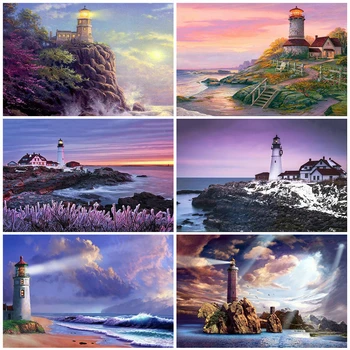 

HUACAN Diamond Painting Lighthouse Full Square Round Needlework 3D Diamond Embroidery Seaside Landscape Rhinestone Kit Wall Art