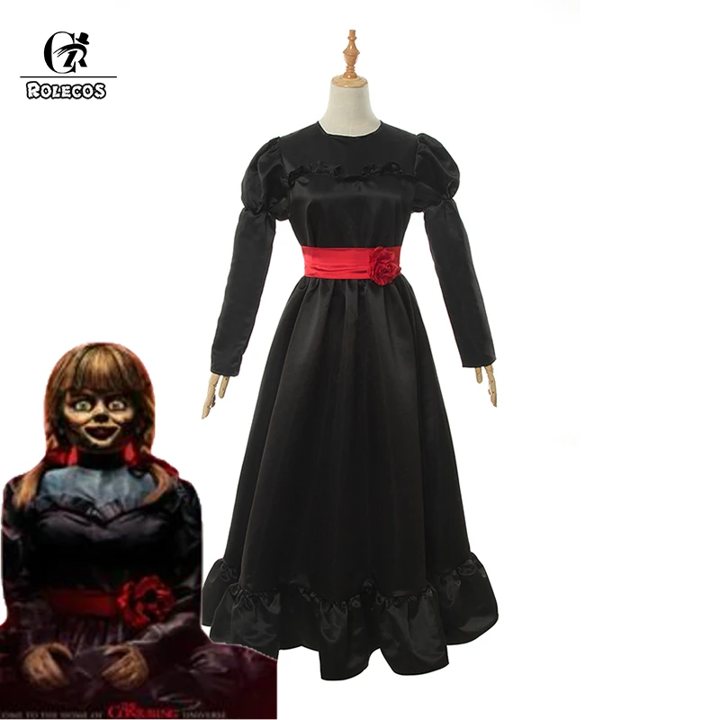 ROLECOS маска призрака Annabelle приходит домой Хэллоуин Косплей Костюм Аннабель Костюм Черное длинное платье женский косплей костюм платье
