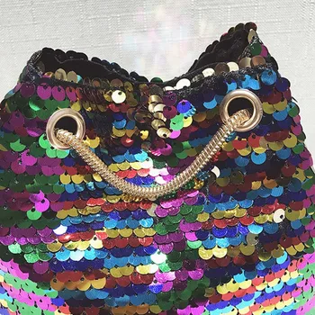 

2019 Newly Women Glitter Reversible Sequins Shoulder Bag Small Drawstring Bucket Chain Handbag J9
