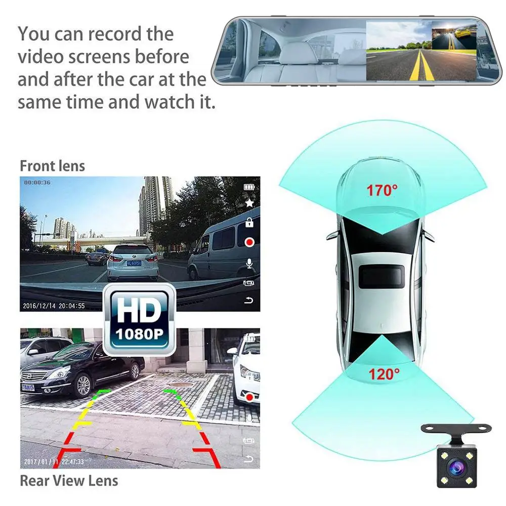 HGDO 5.3" Dual Lens Car DVR Camera Full HD 1080P Video Recorder Rearview DVR Mirror with Rear view Dash cam Auto registrater