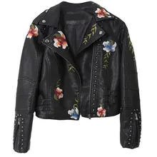 Women Biker Leather Jacket Floral Print Embroidery Faux Leather Coat Turn-down Collar Pu Motorcycle Punk Outerwear