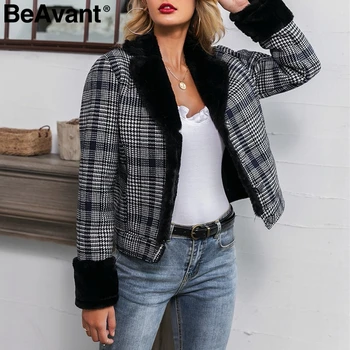 

BeAvant Patchwork faux fur plaid short coat women Buttons furry autumn winter ladies jackets Elegant chic streetwear female coat