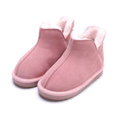 Slip on Boys Botas Soft Sole Leather Warm Children Plush Boots Kids Boots Solid Color Girls Winter Shoes Comfortable Snow Boots - Color: Pink