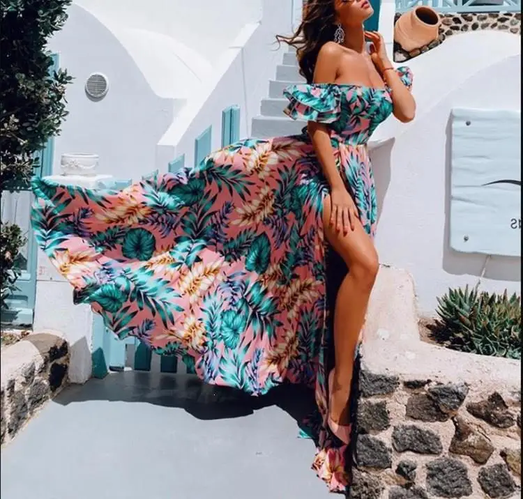 

Sexy Slash Neck Floral Print Dress Women Split High Waist Ruffles A-Line Dresses Female Holiday Beach Bohemian Dress