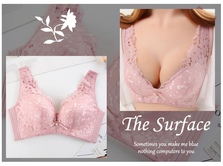 Roseheart Women Fashion Pink Wireless Sexy Bras Push Up Wireless Lace Bow Padded Bra Lace Bras Bralette Female Underwear A B