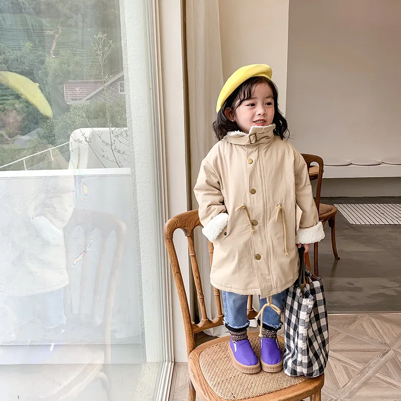 Повседневная детская ветровка для девочек; свободная куртка из овечьей шерсти и кашемира для маленьких девочек; длинное стильное пальто; однотонная зимняя теплая детская верхняя одежда - Цвет: beige