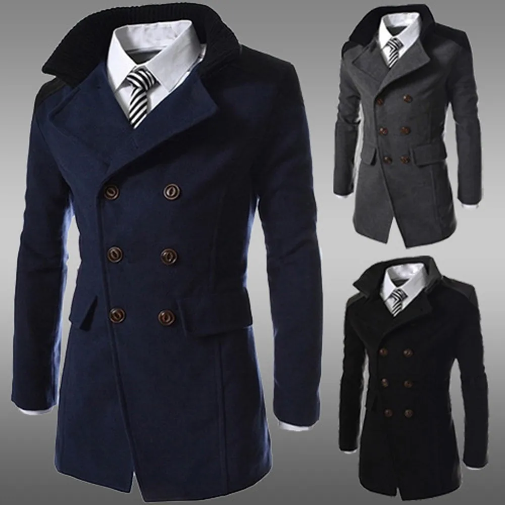 Men Jacket Warm Winter Polyester Trench Long Outwear Patchwork Turn-down Button Smart Overcoat Gray,Black,Navy z1105 Men Jacket Warm Winter Polyester Trench Long Outwear Patchwork Turn-down Button Smart Overcoat Gray,Black,Navy z1105