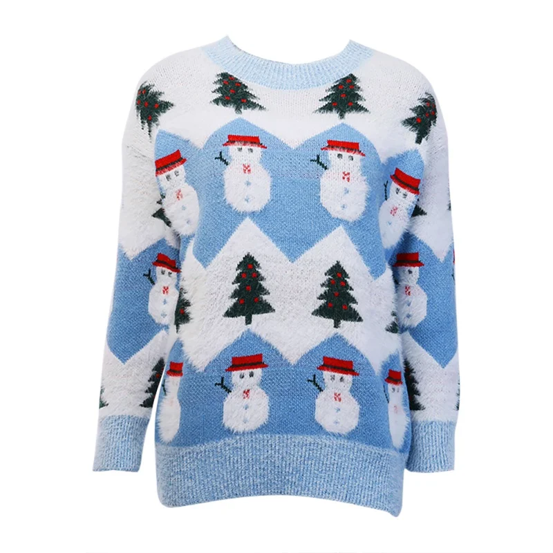 

Autumn And Winter Women New Imitation Velvet Printed Christmas Snowman Sweater Round Neck Loose Women's Sweaters top