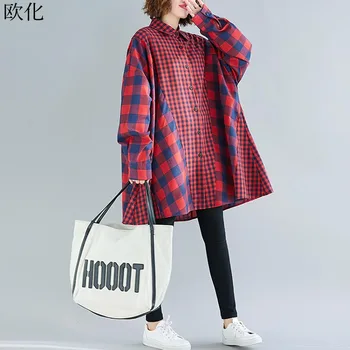 

Women Plaid Big Size Blouse 2019 New Autumn Winter Batwing Sleeve Loose Splice Shirt Plus Size Long Cardigan Shirts 4XL 5XL 6XL
