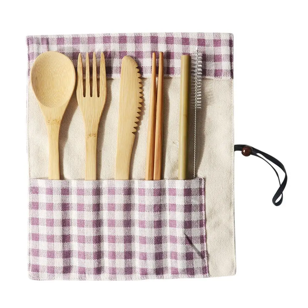 Portable Bamboo Cutlery Travel Eco-friendly Fork Spoon Set Include Reusable Bamboo Slice, Chopsticks, Straw,Cleaning Brush Q3 - Цвет: B