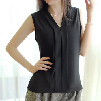 

women sexy V-neck sleeveless chiffon long blouse carve hem ladies casual solid shirts summer tops blusa sin mangas Rk #E