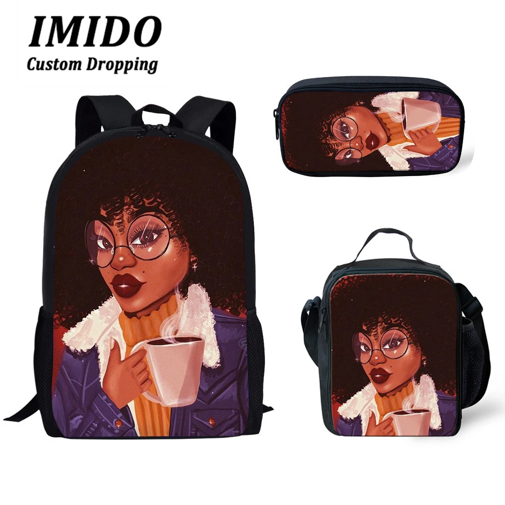 IMIDO новые школьные сумки для детей черный искусства АФРИКАНСКАЯ ДЕВУШКА печать на плечо сумка-мешок для детей 3 шт./компл. школьная книга сумки через плечо - Цвет: 6035CGK