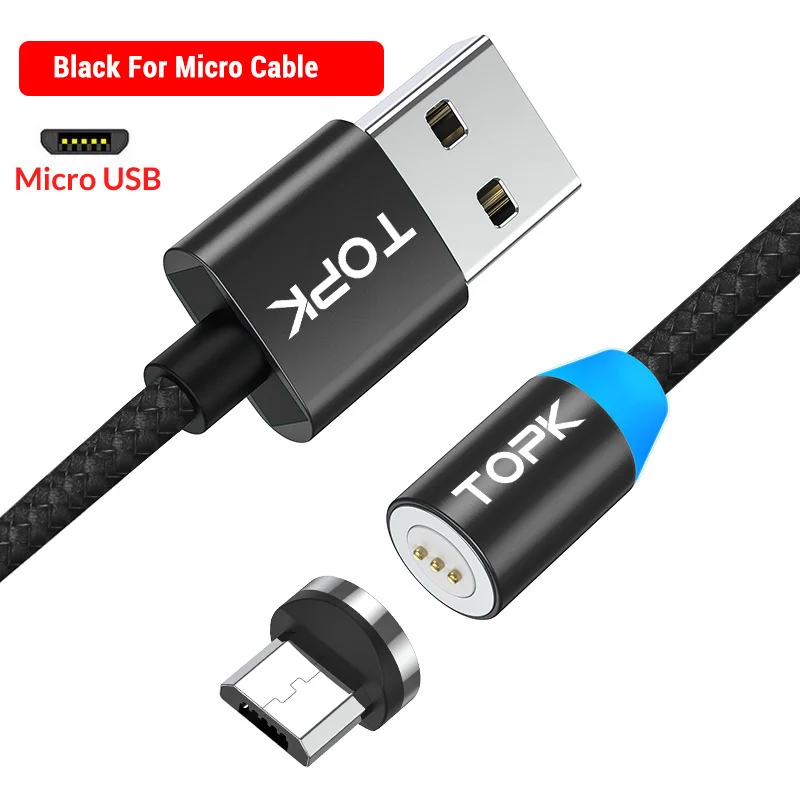 Магнитный Micro USB кабель TOPK AM37 для Xiaomi Redmi Note 7 Sasmung huawei, кабели для синхронизации данных и телефонов - Цвет: Black Micro Cable