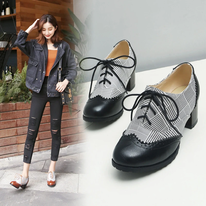 Zapatos de tacón alto grueso para mujer, calzado Oxford Gingham de punta estilo Retro Brogue, talla grande, británico|Zapatos de tacón de mujer| - AliExpress