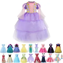 Детская одежда принцессы на день рождения; карнавальный костюм; Рапунцель; Жасмин; Аврора; малефисент; платье для девочек; Ариэль; Белль; Эльза; Анна