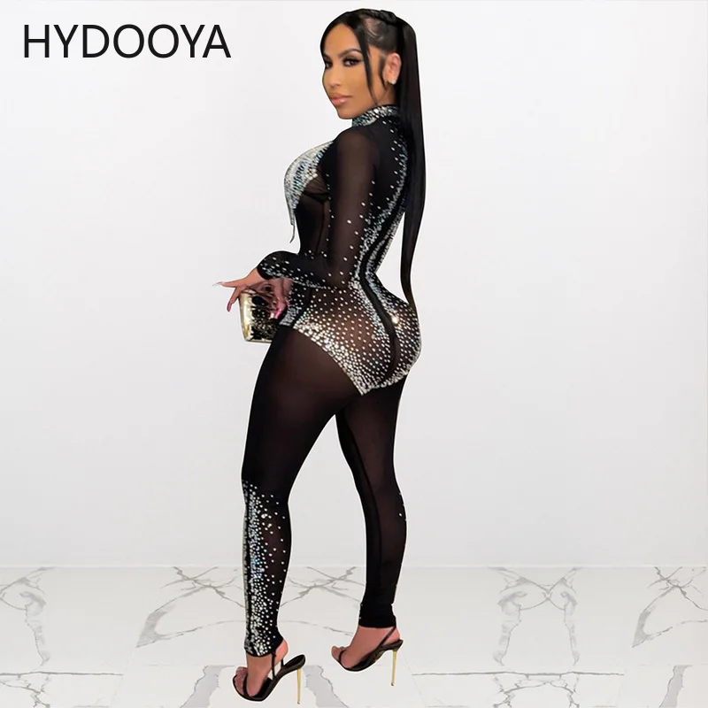 Women Black White Mesh Transparent Sexy Jumpsuits Bright Sivler Rhinstone Celebrate Rompers Diamonds Party Club Crystal Costume