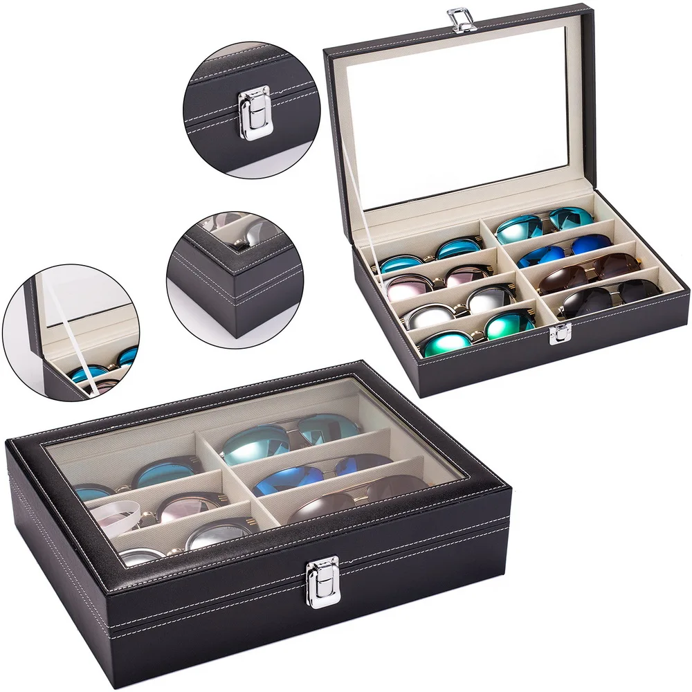 

Leather Multifunction Sun Eye Glasses Storage Holder Box Organizer Display Collection Case 8 Slots for Women Men Black[US-Stock]