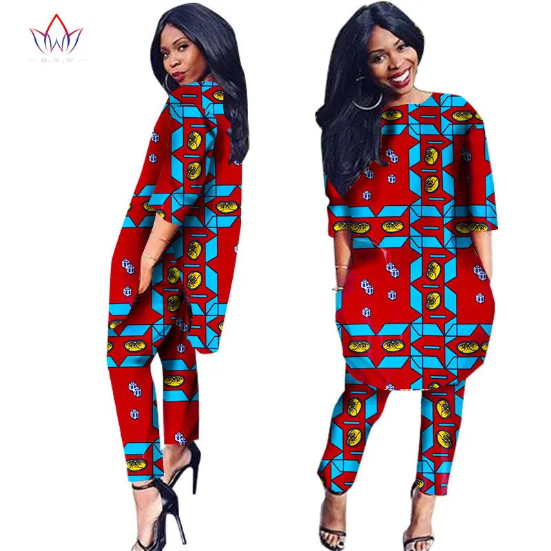Африканская одежда комплект из двух предметов три четверти рукав Верхняя одежда женское платье-рубашка и длинные штаны с карманом размера плюс 6XL WY1091 - Цвет: 16