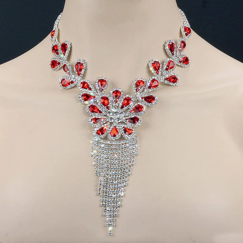 Chran Silver Plated Red Crystal Long Tassels Necklace Earrings Sets for Bride Luxury Sparkling Rhinestone Wedding Jewelry Set