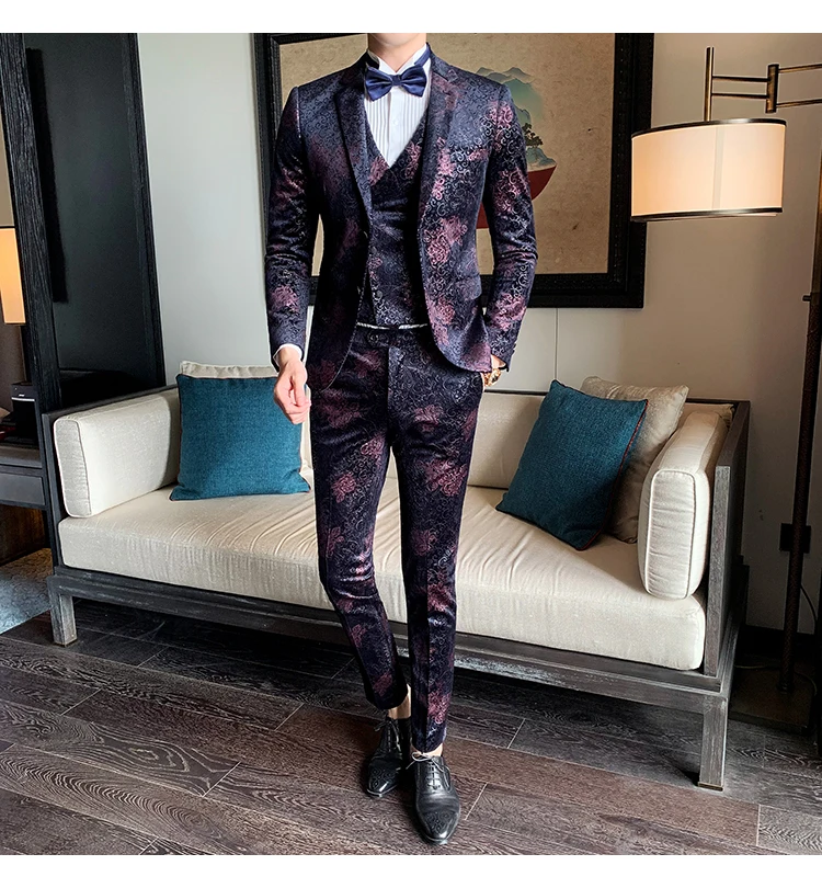 Costume De Luxe Pour Homme Baroque Vestito Matrimonio Uomo Royal Mens Luxury Suits Jacquard Flowers Heren Pak Velvet Ternos Slim