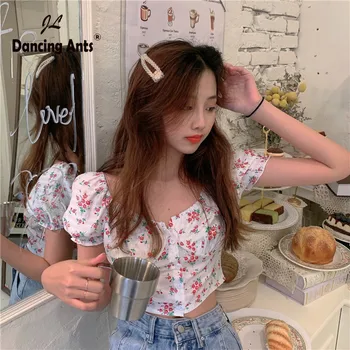 

Women Shirts Square Collar Short Sleeve Broken Flower Print Korean Slim Tops 2020 Summer New Female Elegant Chiffon Short Blouse