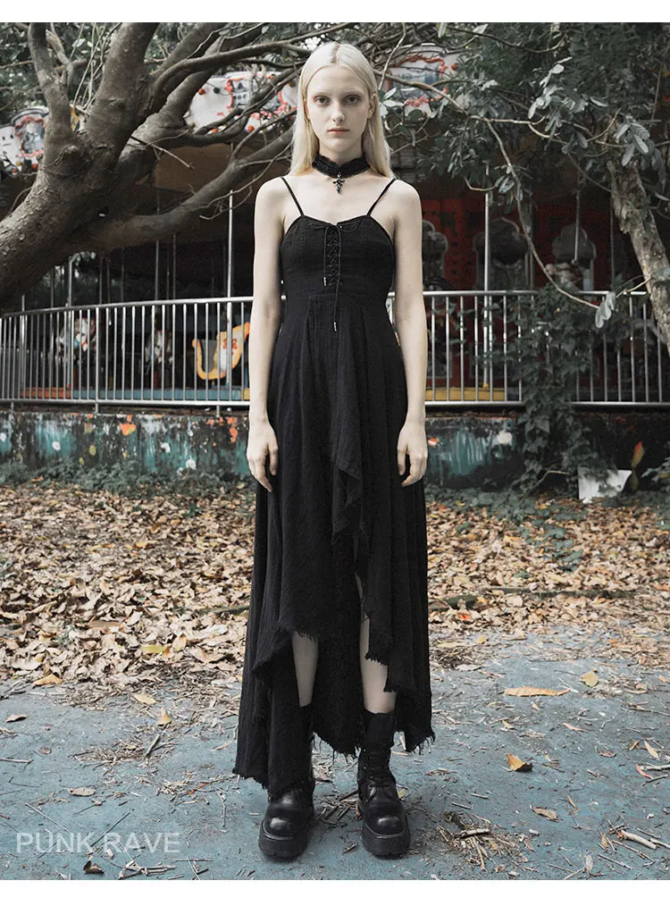 PUNKRAVE темный готический черный хлопок и лен несимметричные бретели Платье Лето Талия похудение темперамент макси платья для женщин