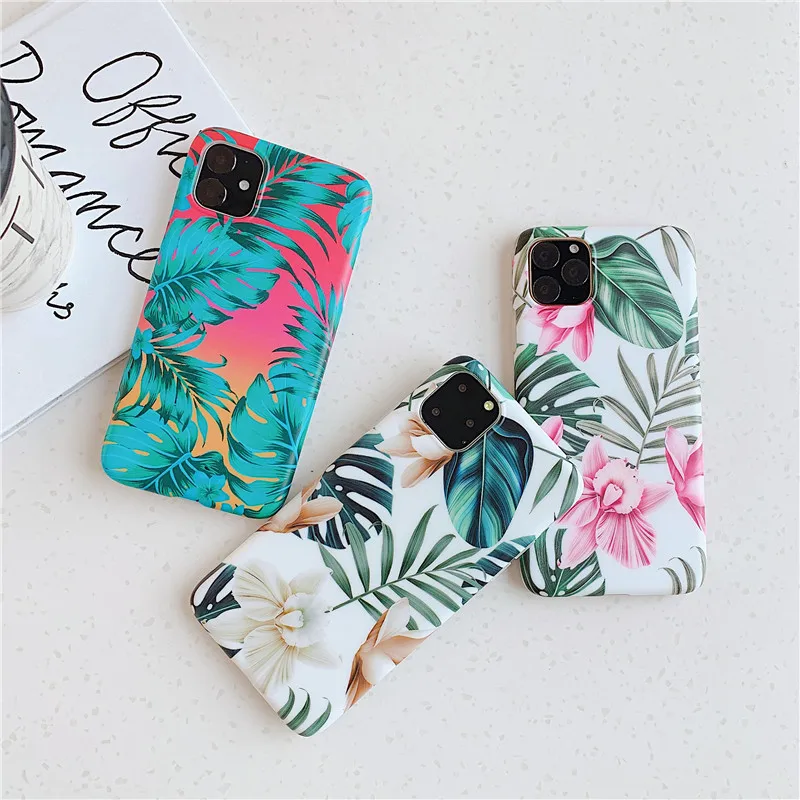 INS цветочный чехол для iphone 11 11Pro Max Apple X XS XR 6 6s 7 8 Plus матовые цветы зеленый лист