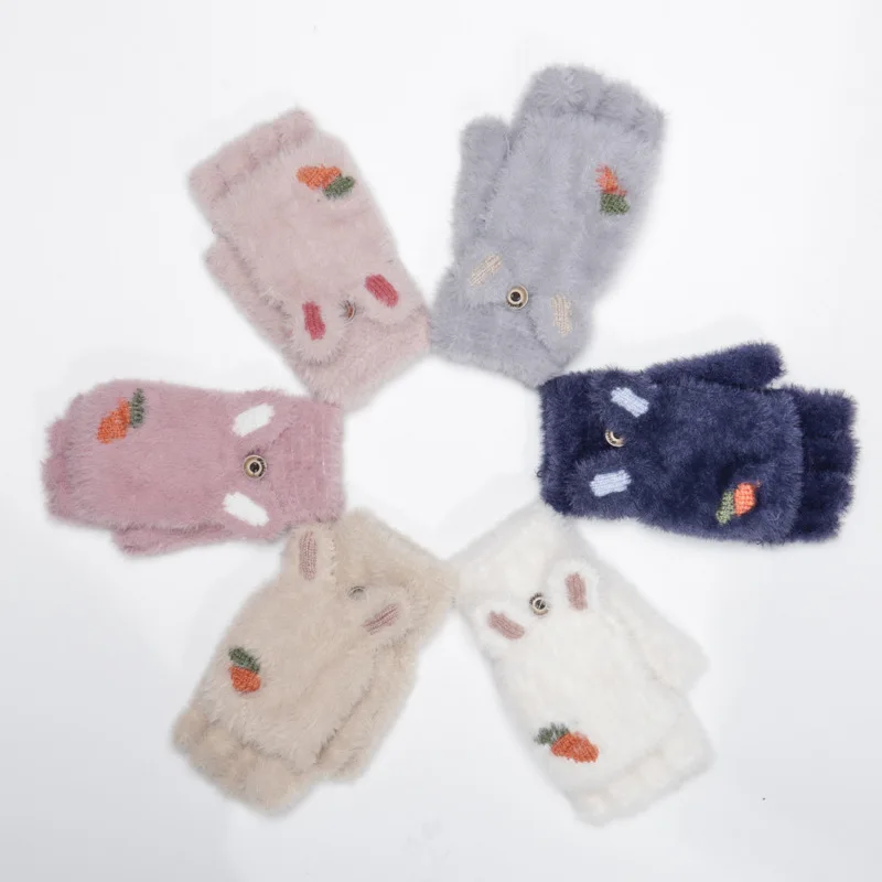 Плюшевые перчатки для девочек с милыми кроличьими ушками закрытые полупальцами