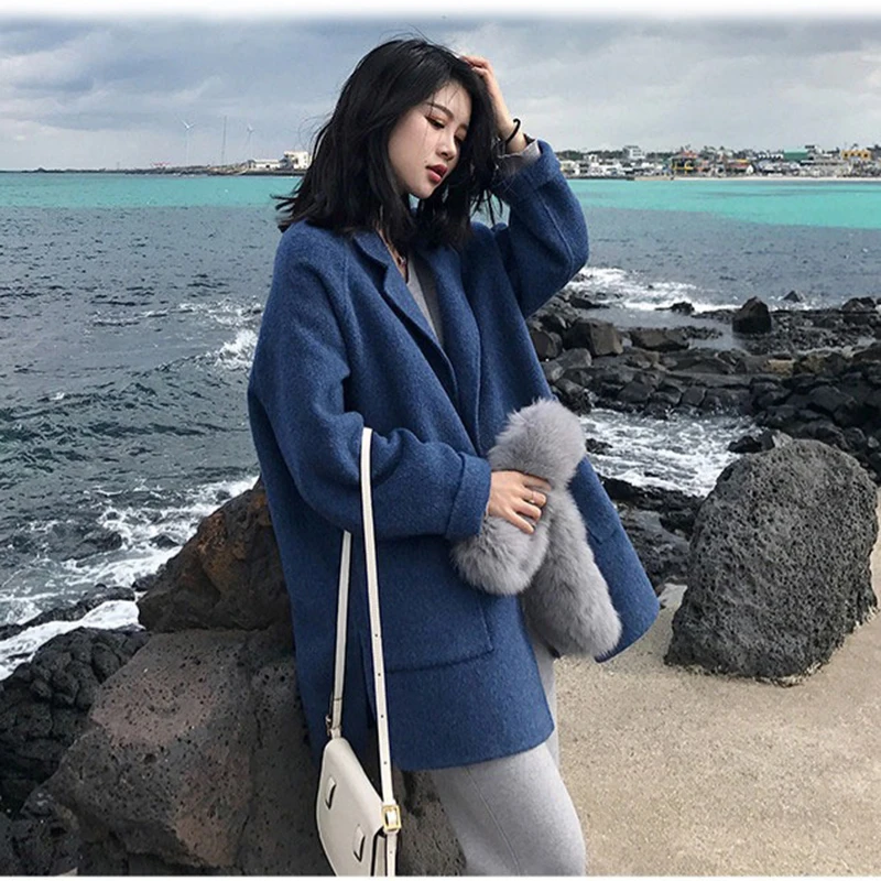 Wools, женская зимняя утепленная, 2XL, плюс размер, синий, корейский стиль, Harajuku, шерстяная Женская смесь, средней длины, подходит ко всему, повседневное модное пальто - Цвет: dark blue