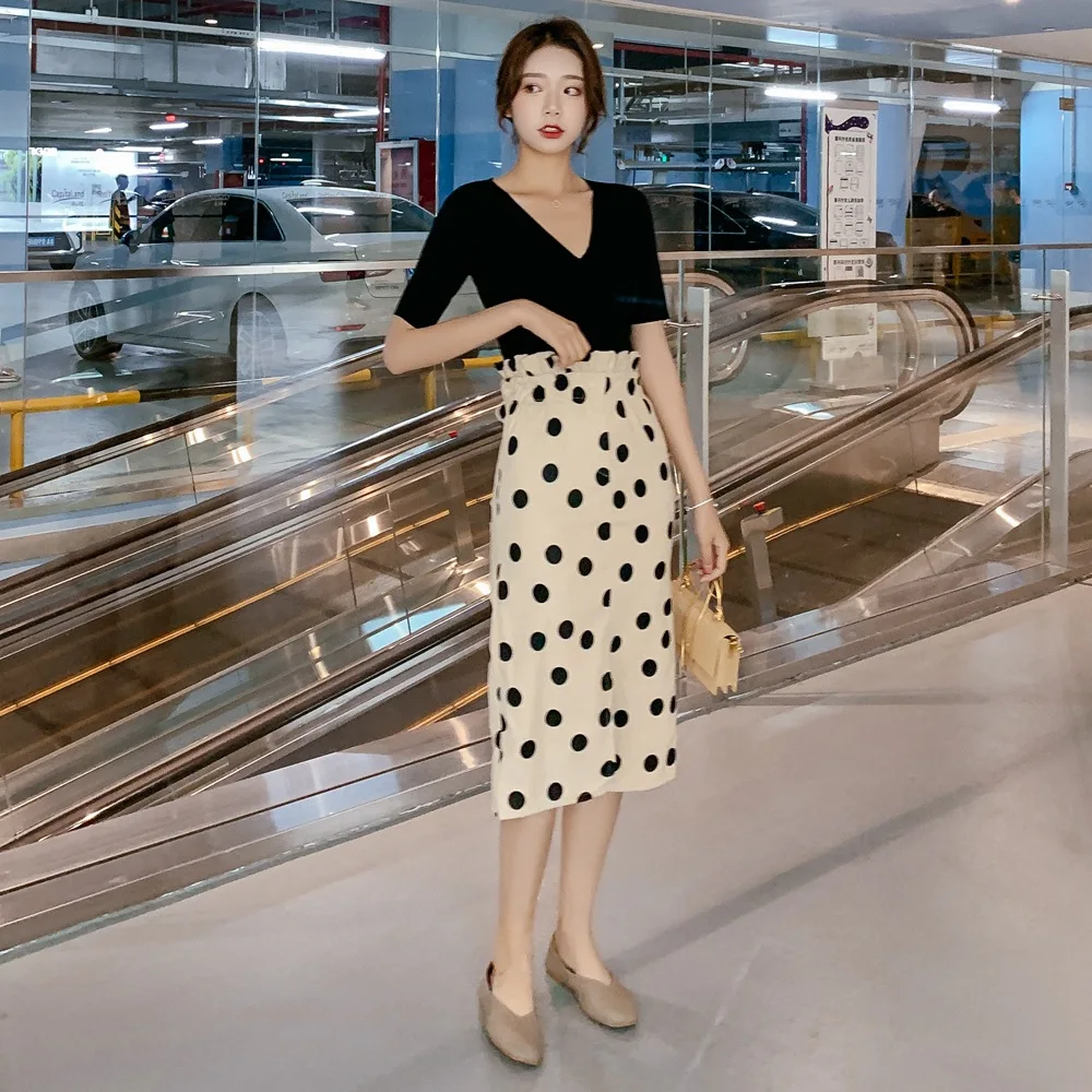 

2019 Spring And Summer New Style Korean-style INS Retro CHIC Polka Dot Skirt + V-neck Two-piece Dress of Knitted Sweater WOMEN'S