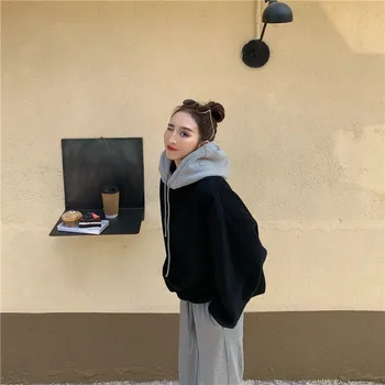 

Winter Sweater 2019 New Women's Long Sleeve Casual All-around Color Blocking Hooded Net Red Plush Sweater