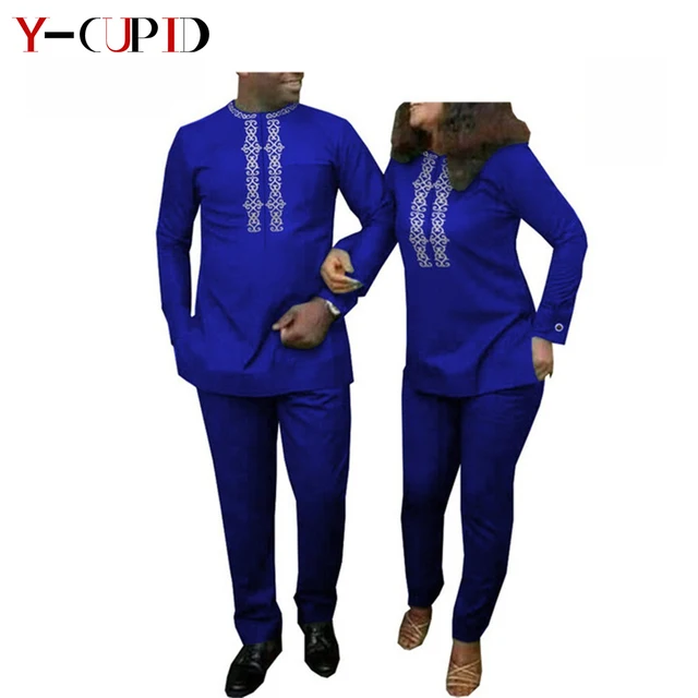 $US $78.78 African Clothes for Couples Women Wax Hot Gold Applique Tee Top and Pants Sets Matching Bazin Men 2 Pieces Suit Outfits YA20C001