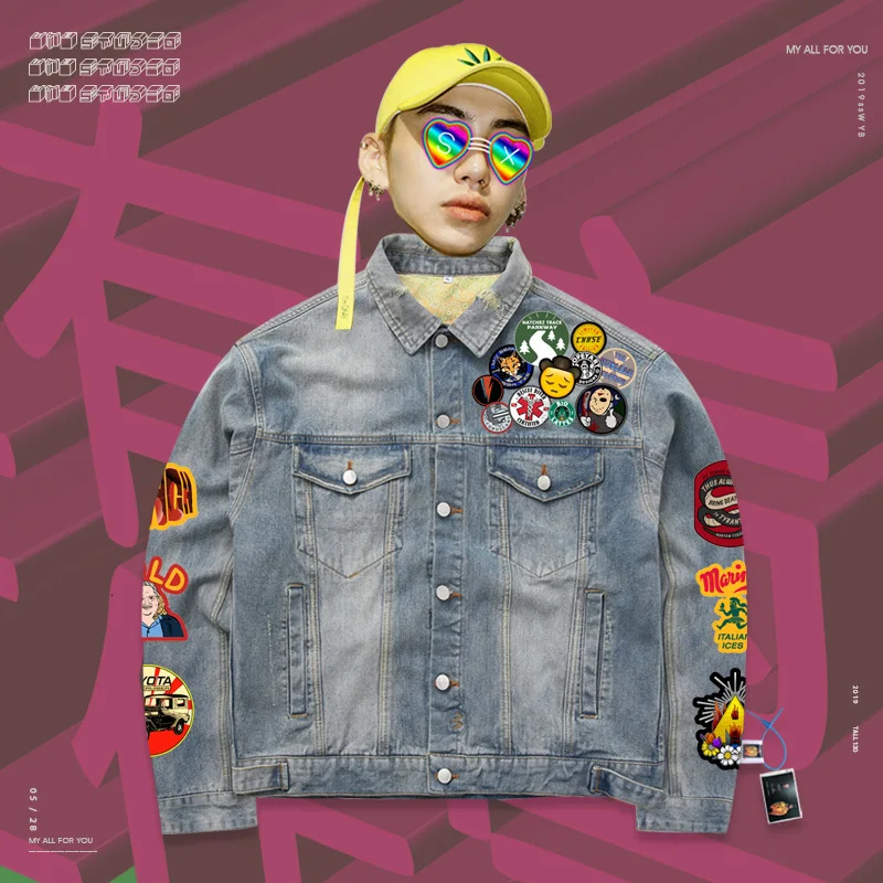 

Demin Jacket Loose Coat Street villain stitching oldshcool print High Street State Tide Suit-dress Tide Brand