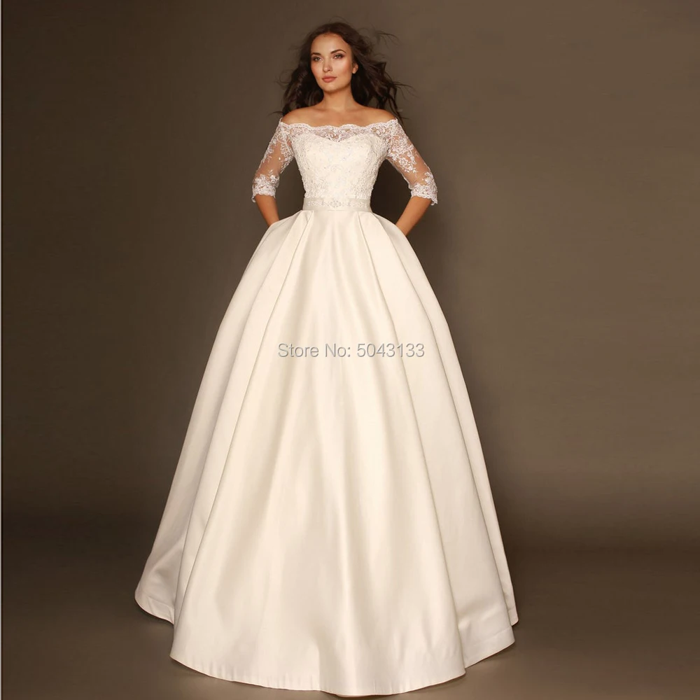 Beading Lace Appliques Half Sleeve Wedding Dresses with Belt Sweetheart A Line Floor Length Bridal Gown with Pockets Lace Up
