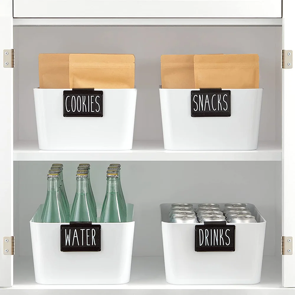 40 White Pantry Stickers with 8 Pcs Black Basket Labels Clip Removable