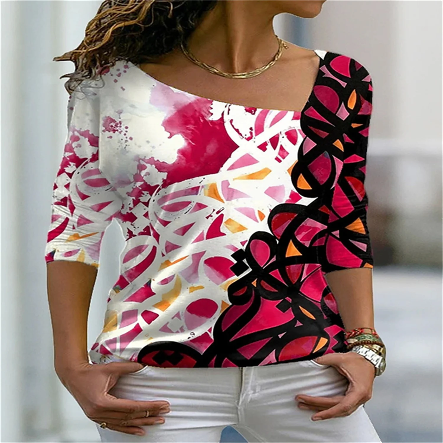

Breathable Slim Woman Sublimation Retro V-neck Slim High-Quality 3D Printing Pattern Bottoming Top Fashion T-shirt