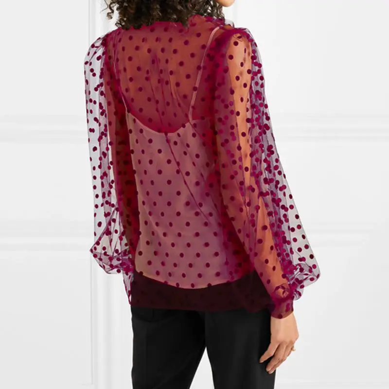 Женская сетчатая прозрачная блузка с длинным рукавом и воротником-бантиком, модная прозрачная рубашка в горошек, женские блузы, S-5XL